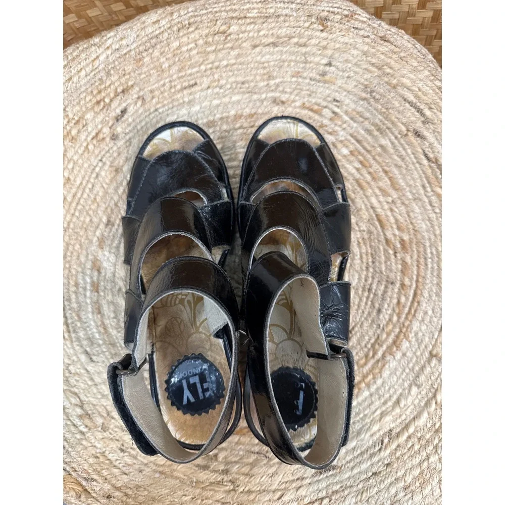 Fly London Yown Black Patent Leather Wedge Sandals Strappy Platform EU 38 US 8.5